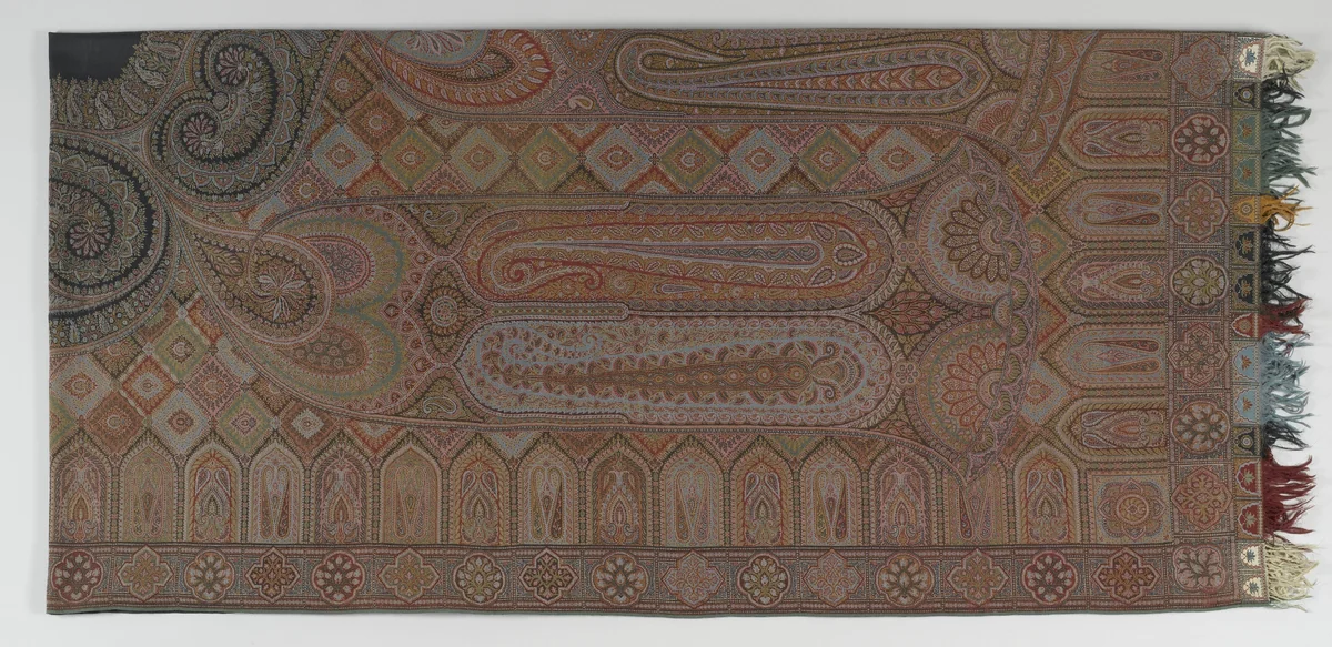 Vierkante sjaal met een veelkleurig, geweven patroon van bota's by anonymous, textile, 1830-1835