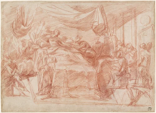 A Deathbed Scene [recto] by Polidoro da Caravaggio, drawing, 1516-1526
