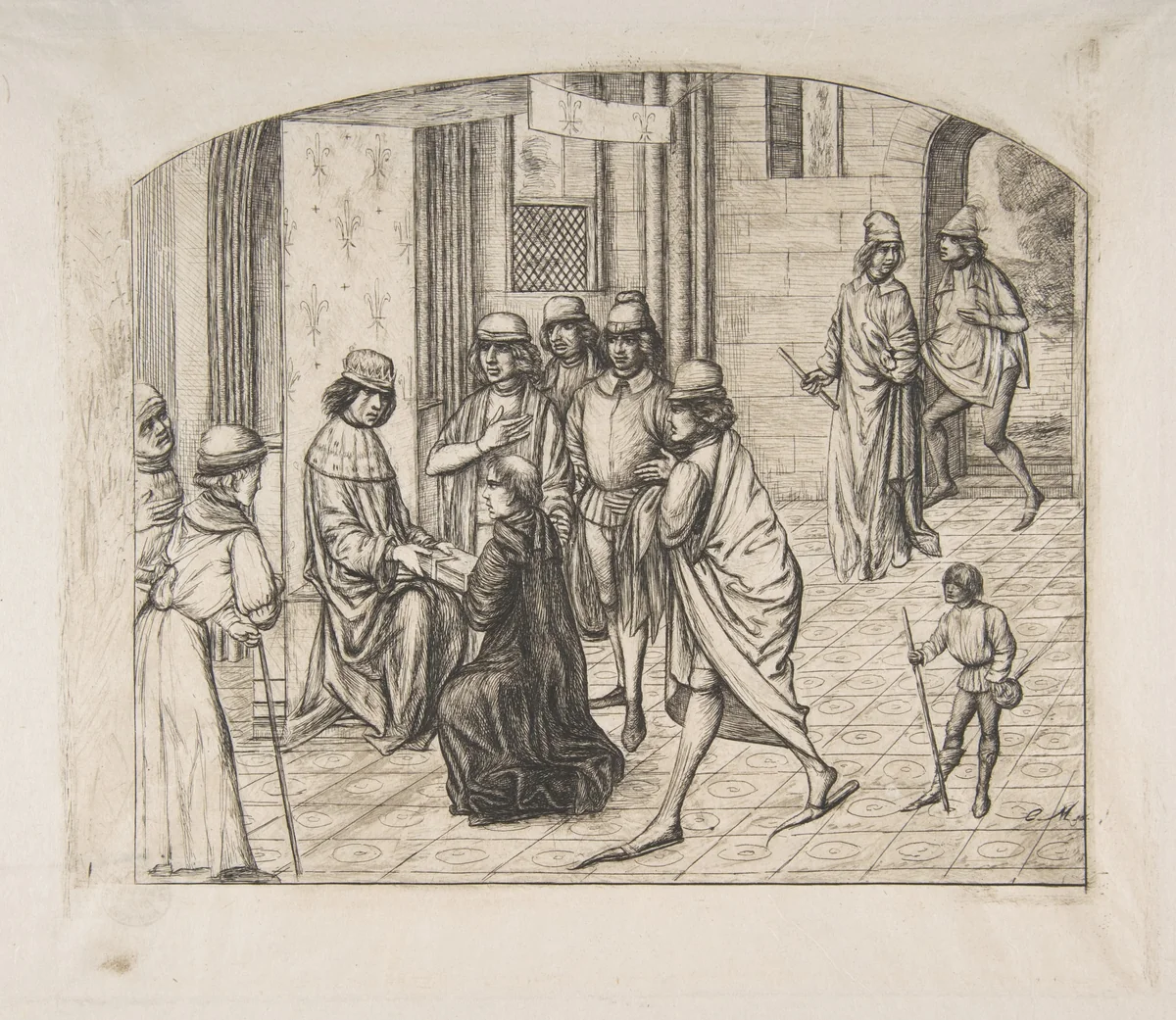 The printer Valère Maxime being presented to King Louis XI, after an earlier miniature by Charles Meryon, print, 1860