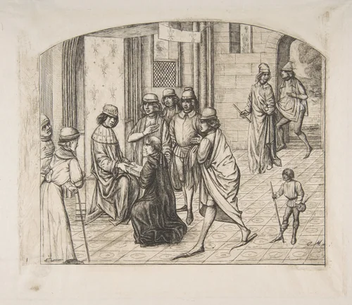 The printer Valère Maxime being presented to King Louis XI, after an earlier miniature by Charles Meryon, print, 1860