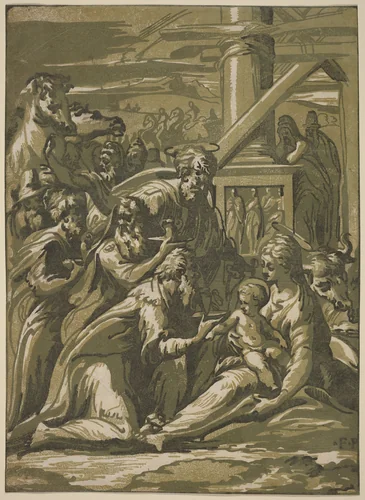 The Adoration of the Magi by Giuseppe Nicolo Vicentino; Parmigianino, print, 1470-1560