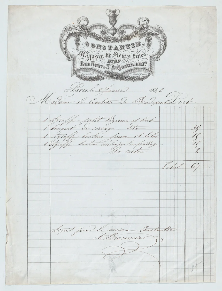 Invoice from Constantin Magasin de Fleurs fines, Paris, for plants and flowers by Constantin Magasin des Fleurs fines, print, 1842