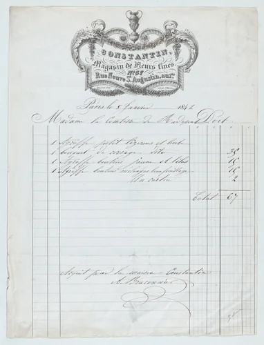 Invoice from Constantin Magasin de Fleurs fines, Paris, for plants and flowers by Constantin Magasin des Fleurs fines, print, 1842