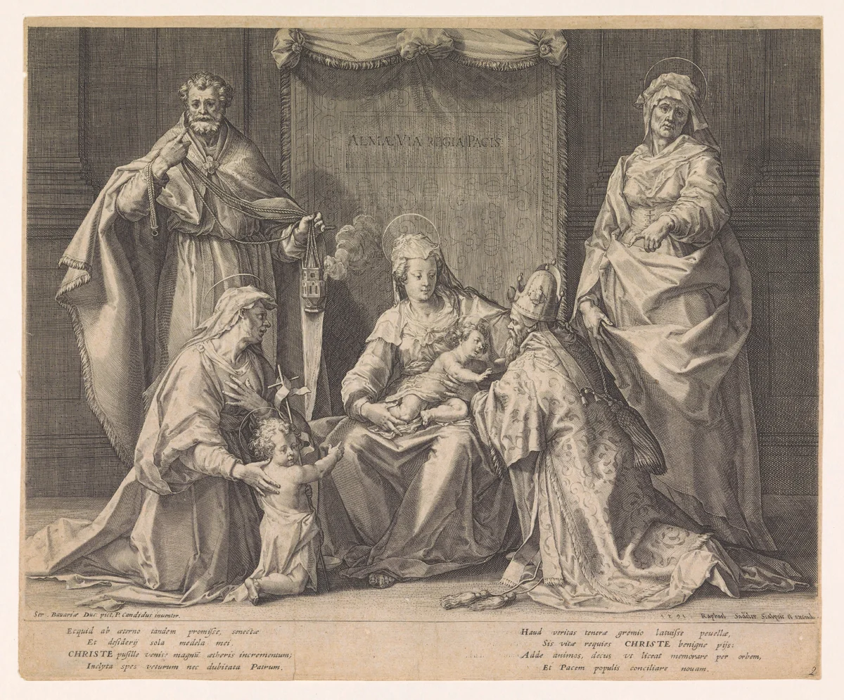 Heilige familie met Zacharias, Elisabet en Johannes de Doper by Unknown, print, 1591