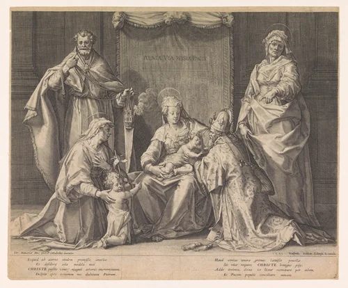 Heilige familie met Zacharias, Elisabet en Johannes de Doper by Unknown, print, 1591