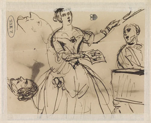 Schets van een zangeres die aan de piano wordt begeleid. by David Bles, drawing, 1840-1861
