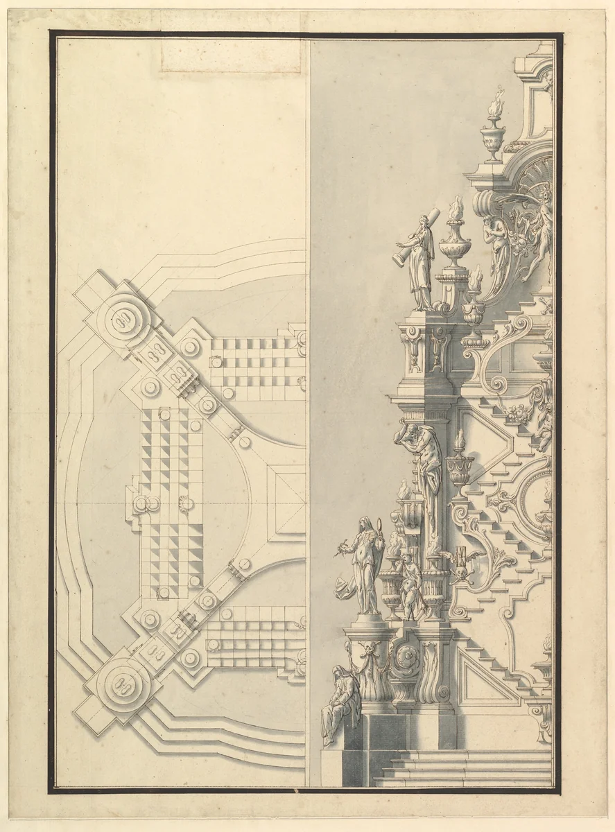Half Elevation and Half Ground Plan for a Catafalque by Giuseppe Galli Bibiena, drawing, 1696-1756