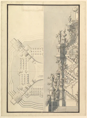Half Elevation and Half Ground Plan for a Catafalque by Giuseppe Galli Bibiena, drawing, 1696-1756