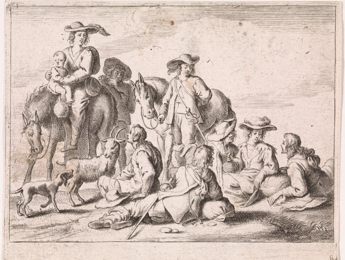 Rustend jachtgezelschap by Cornelis de Wael, print, 1630-1648