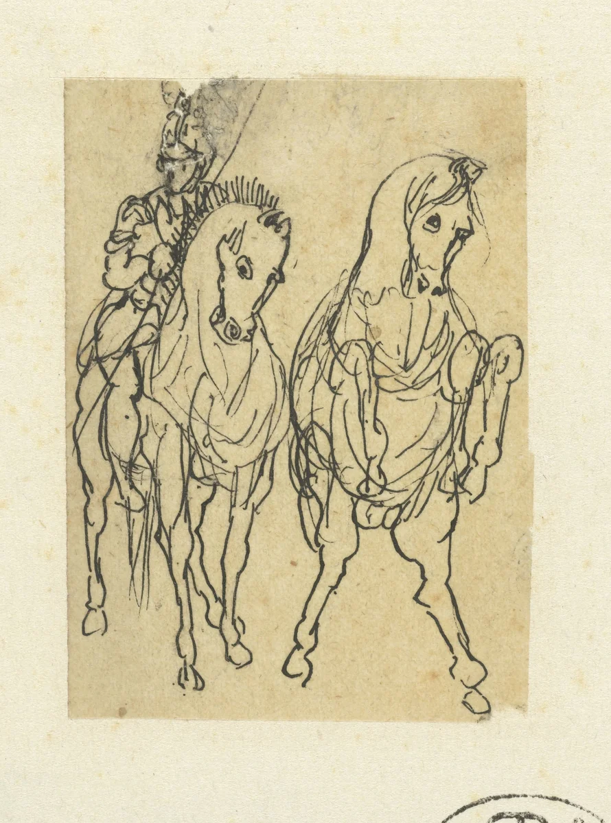 Ruiter en een springend paard, beiden van voren gezien by Rodolphe Bresdin, drawing, 1832-1885