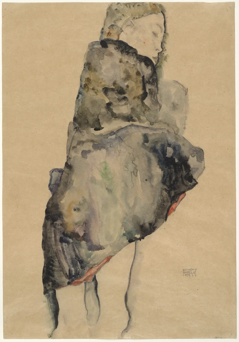 Standing Girl Wrapped in Blanket by Egon Schiele, drawing, 1911