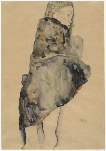 Standing Girl Wrapped in Blanket by Egon Schiele, drawing, 1911