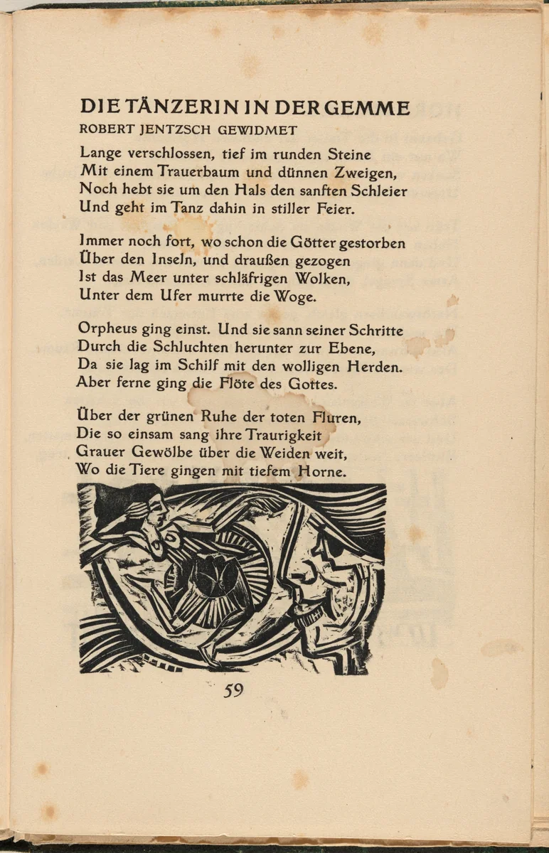 Die Tänzerin in der Gemme (The Dancer in the Cameo) (in-text plate) from mock-up of Georg Heym: Umbra Vitae (Georg Heym: Shadow of Life) by Ernst Ludwig Kirchner, volume, 1912-1922