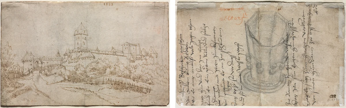 View of a Castle (recto); Eight-Sided Cup (verso) by Wolfgang Huber, drawing, 1513
