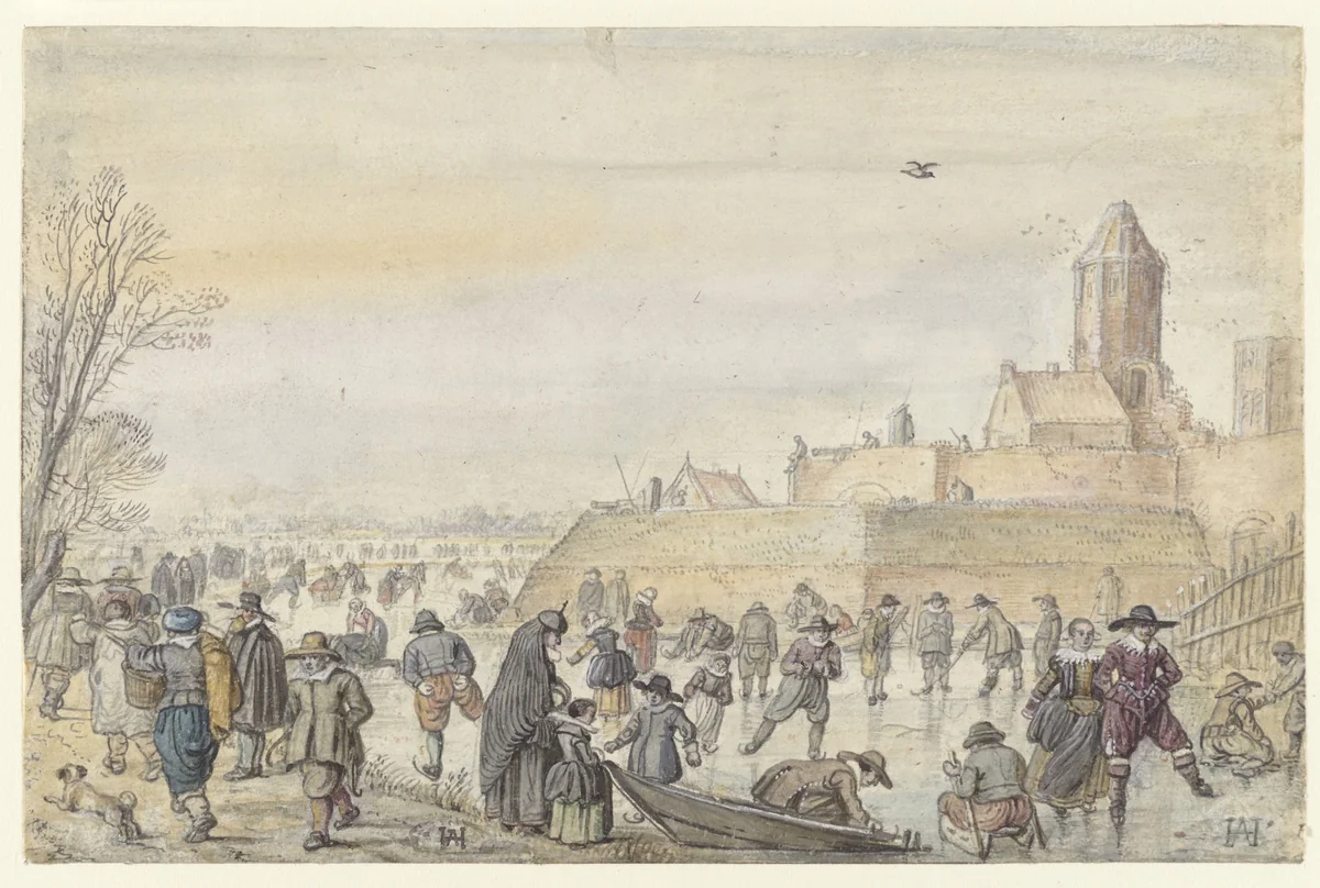 Winter Scene on the Frozen Canal near the Kalverhekkenpoort, Kampen / verso: Sketches of Figures on the Ice by Hendrick Avercamp, drawing, 1607