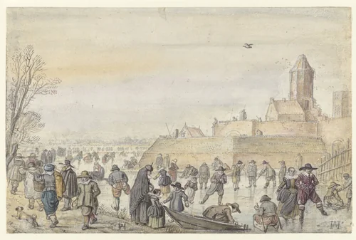 Winter Scene on the Frozen Canal near the Kalverhekkenpoort, Kampen / verso: Sketches of Figures on the Ice by Hendrick Avercamp, drawing, 1607