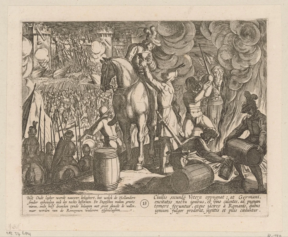 Nachtelijke aanval op een Romeinse vesting, 69-70 by Antonio Tempesta, print, 1612