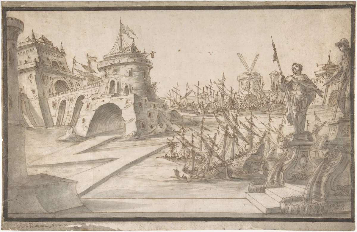 Harbor Scene by Nikolaus Gottfried Stuber, drawing, 1725-1735