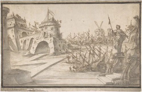 Harbor Scene by Nikolaus Gottfried Stuber, drawing, 1725-1735