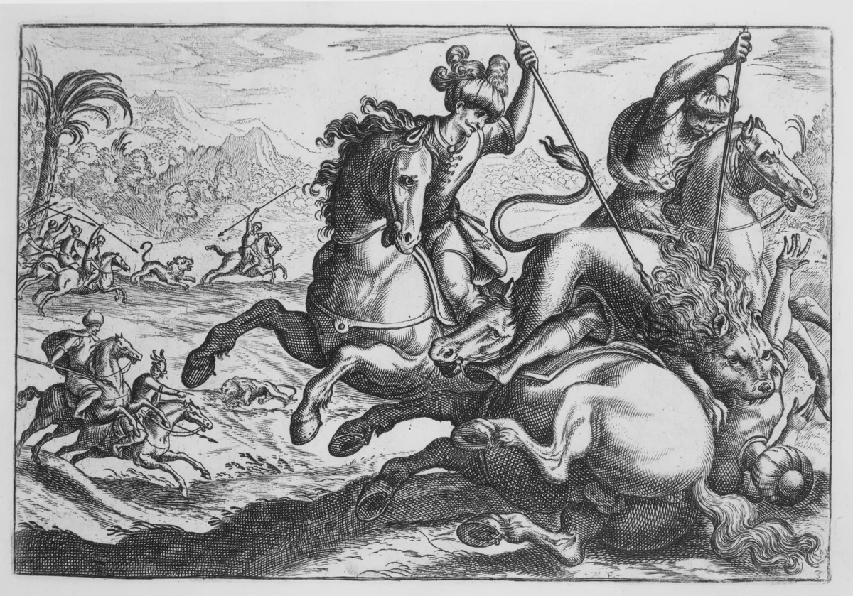 Lion Hunt, from 'Hunting Scenes IV' by Antonio Tempesta, print, 1595-1630