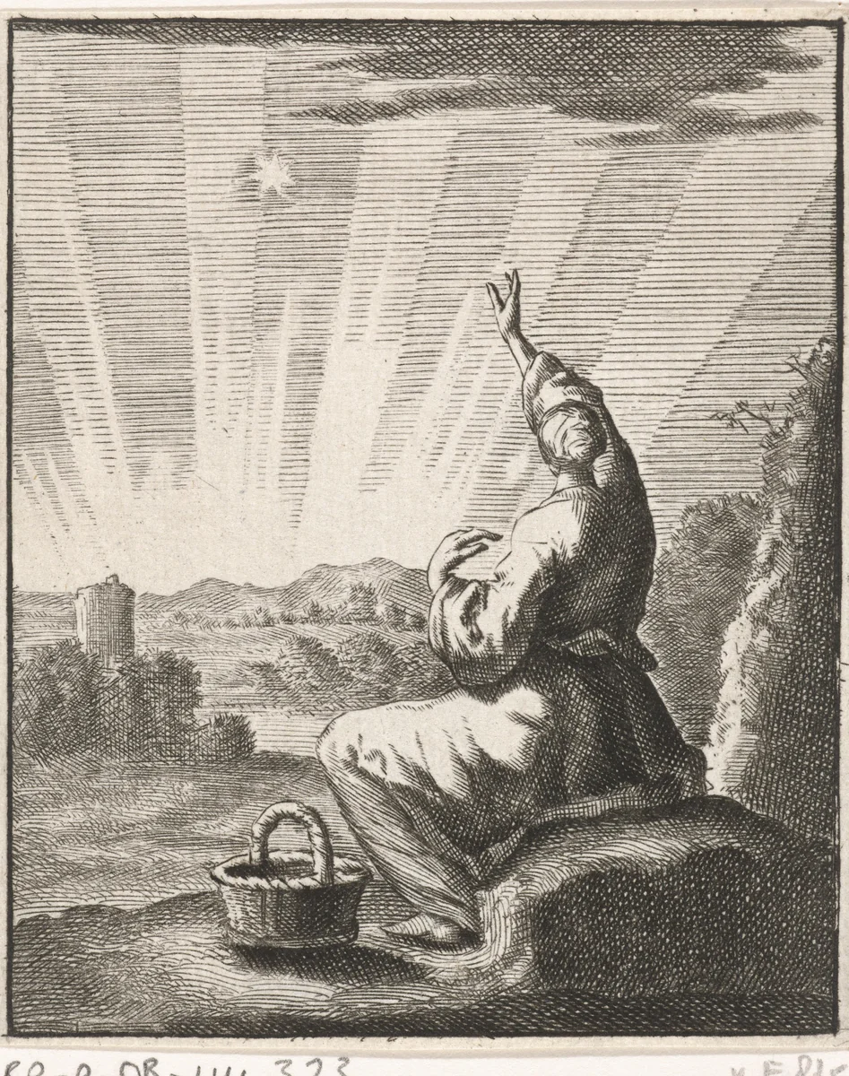 Vrouw aanschouwt de zonsopgang by Jan Luyken, print, 1687
