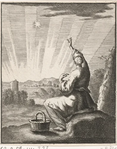 Vrouw aanschouwt de zonsopgang by Jan Luyken, print, 1687