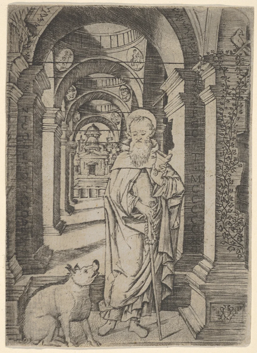 Saint Antony Abbot standing within a colonnade by Nicoletto da Modena, print, 1512