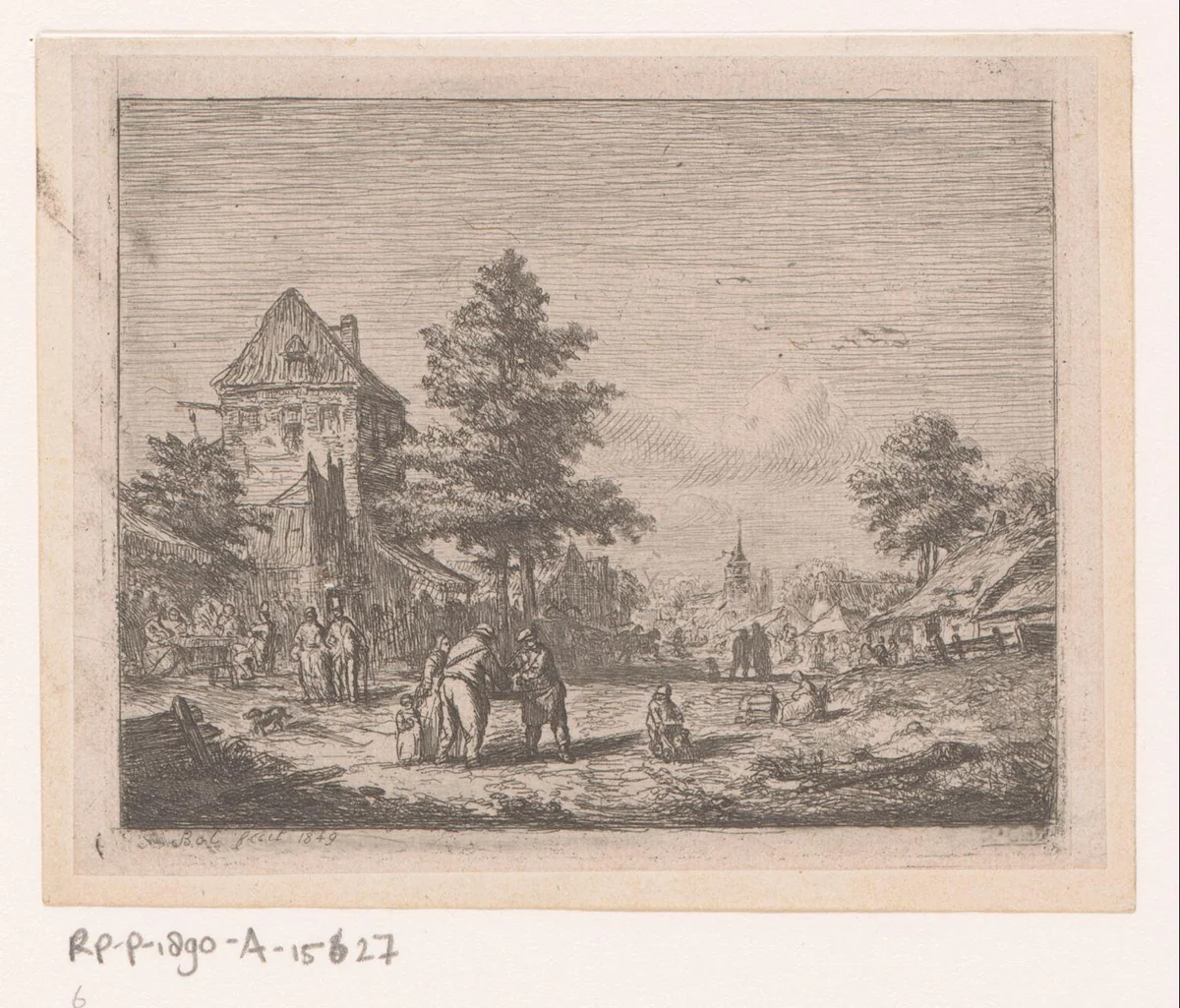 Dorpsgezicht met veel mensen op straat en een kerk op de achtergrond by Florent Nicolas Crabeels, print, 1849