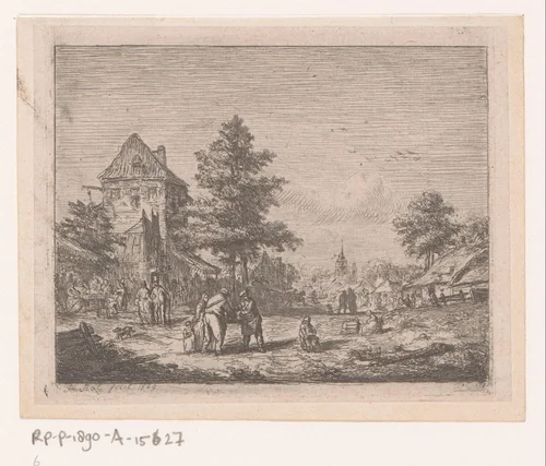 Dorpsgezicht met veel mensen op straat en een kerk op de achtergrond by Florent Nicolas Crabeels, print, 1849