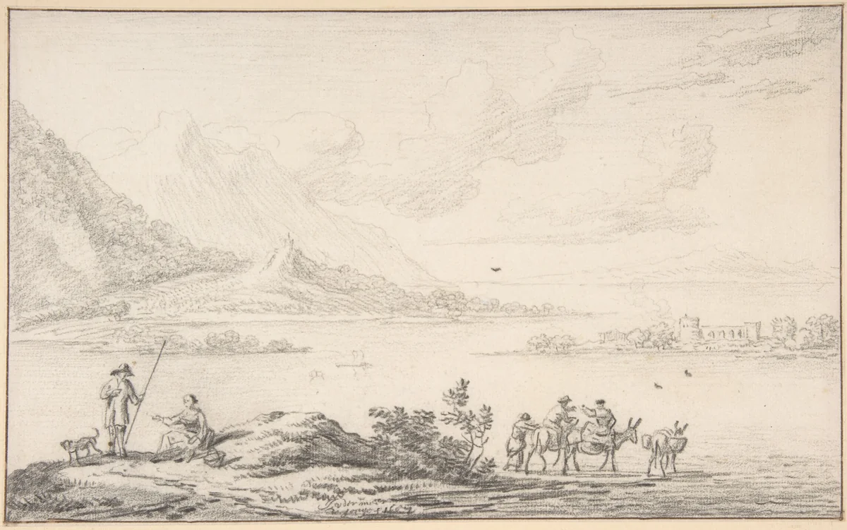 Landscape with mountains and a lake, figures in the foreground by Jan van der Meer, drawing, 1687