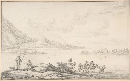 Landscape with mountains and a lake, figures in the foreground by Jan van der Meer, drawing, 1687