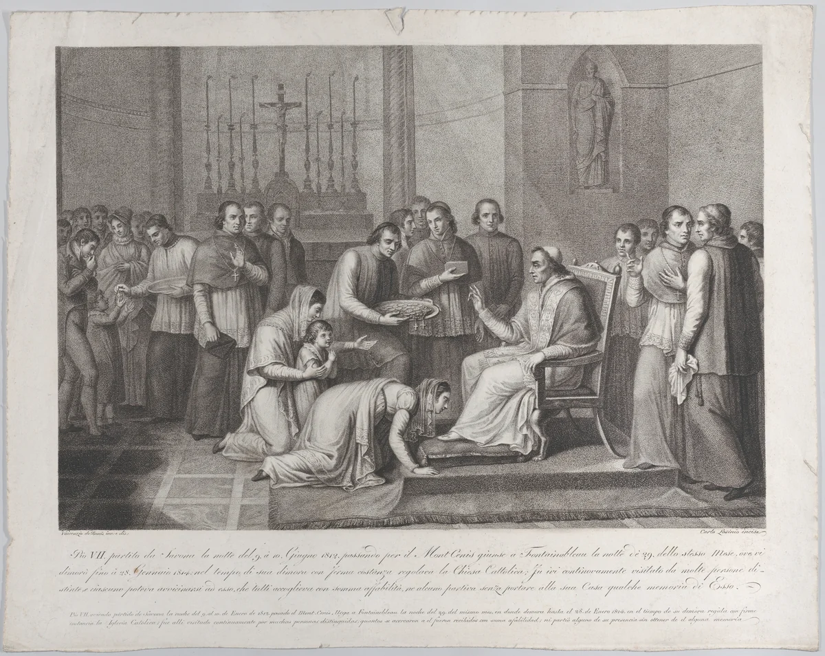 A woman kneels to kiss the foot of Pope Pius VII, with a crowd behind her at left by Carlo Lasinio, print, 1814-1850