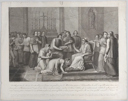 A woman kneels to kiss the foot of Pope Pius VII, with a crowd behind her at left by Carlo Lasinio, print, 1814-1850