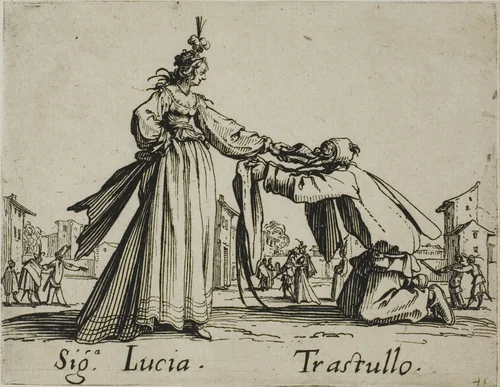 Signora Lucia - Trastullo, plate 21 from Balli di Sfessania by Jacques Callot, print, 1617-1627