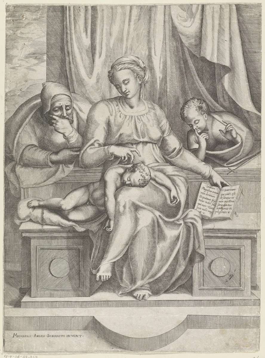 Heilige Familie met de jonge Johannes de Doper by anonymous, print, 1501-1580