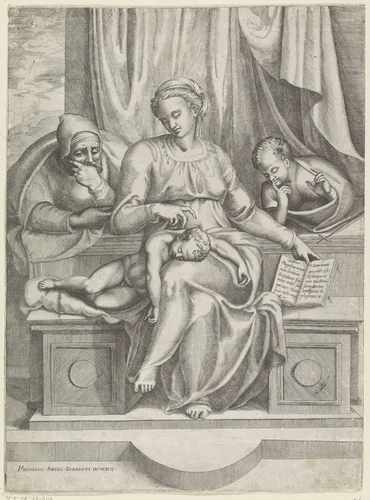 Heilige Familie met de jonge Johannes de Doper by anonymous, print, 1501-1580