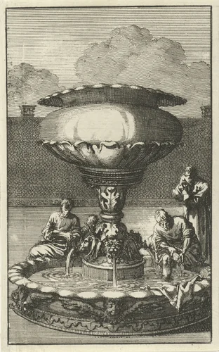 Koperen wasvat of spoelbekken in de hof van het tabernakel by anonymous, print, 1683-1762