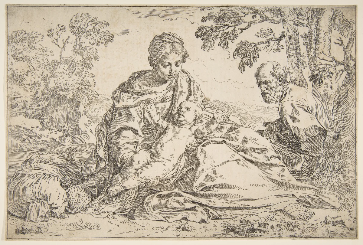 Rest on the flight into Egypt, Mary holding the infant Christ with St. Joseph at right by Simone Cantarini, print, 1635-1645