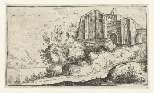 Gebouwen op een rots bij een rivier by anonymous, print, 1600-1699