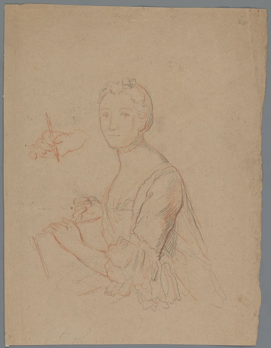 Portret van een dame met papier en stift by anonymous, drawing, 1700-1800