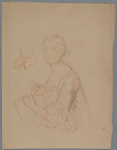 Portret van een dame met papier en stift by anonymous, drawing, 1700-1800