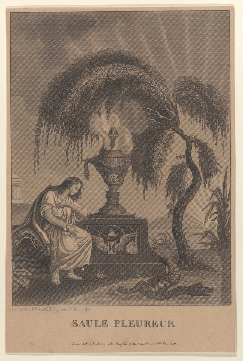 The Weeping Willow with hidden silhouettes of the Royal family by anonymous, print, 1795