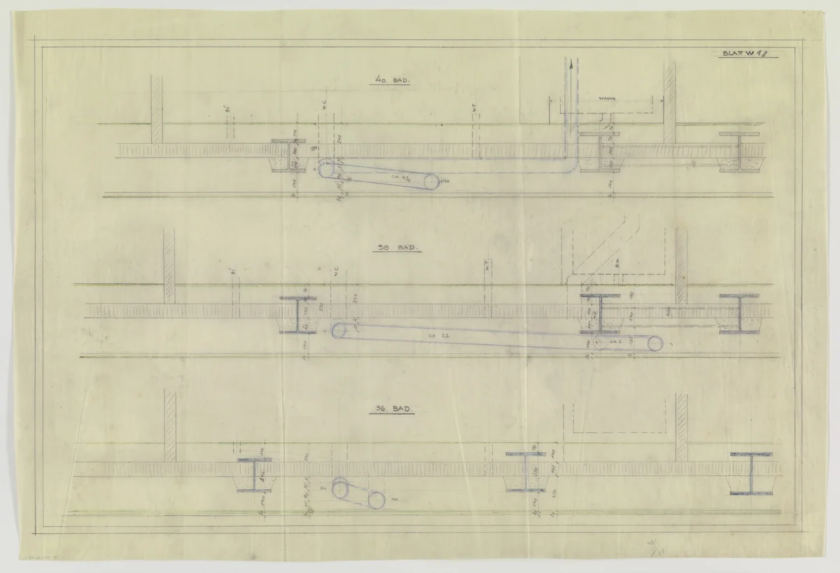 Hermann Lange House, Krefeld, Germany (Sections, bath) by Ludwig Mies van der Rohe, mies van der rohe archive, 1927