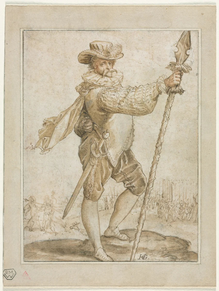 Standing Officer Holding a Boar's Spear by Hendrick Goltzius, drawing, 1586