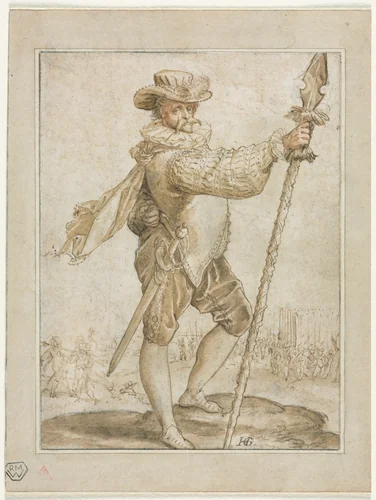 Standing Officer Holding a Boar's Spear by Hendrick Goltzius, drawing, 1586