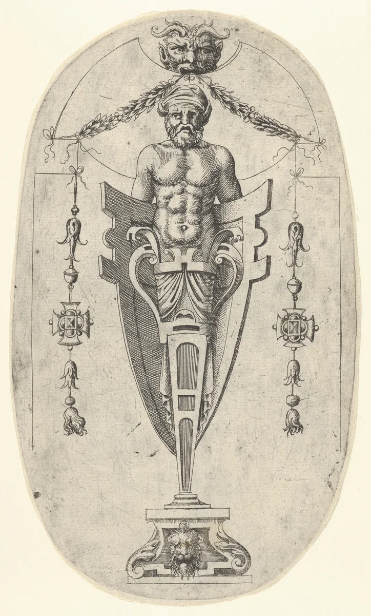 Male Terminal Figure; Torso with Beard and Turban on a Half- Length Pedestal Enclosed by a Shield by Jean Mignon, print, 1538-1548