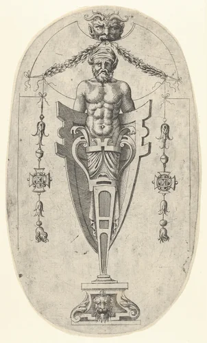 Male Terminal Figure; Torso with Beard and Turban on a Half- Length Pedestal Enclosed by a Shield by Jean Mignon, print, 1538-1548