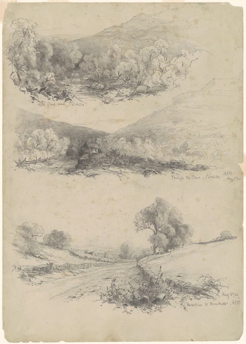 Clove Road, Catskills; Through the Clove—Catskills; and On the Road to Bracketts [recto] by Andrew Fisher Bunner, drawing, 1866