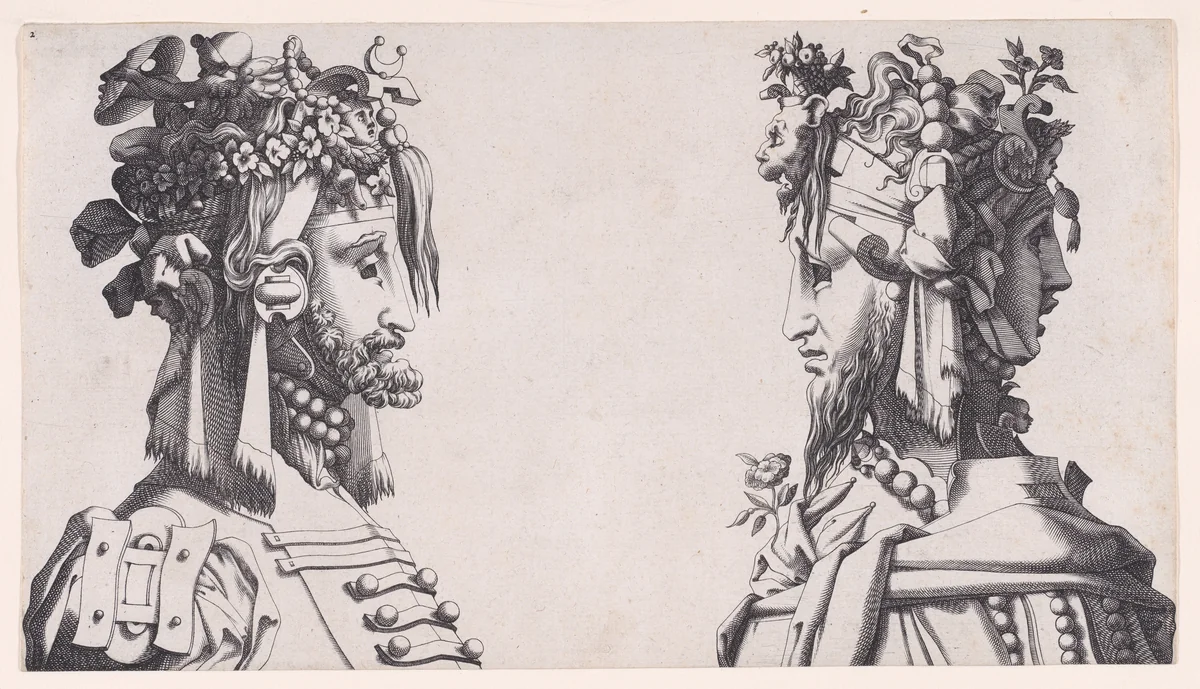 Two Male Busts with Head-dresses for the Ballet by René Boyvin, print, 1525-1600
