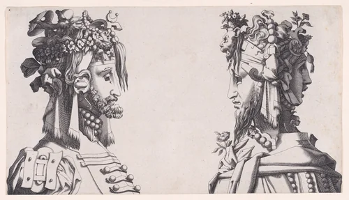 Two Male Busts with Head-dresses for the Ballet by René Boyvin, print, 1525-1600